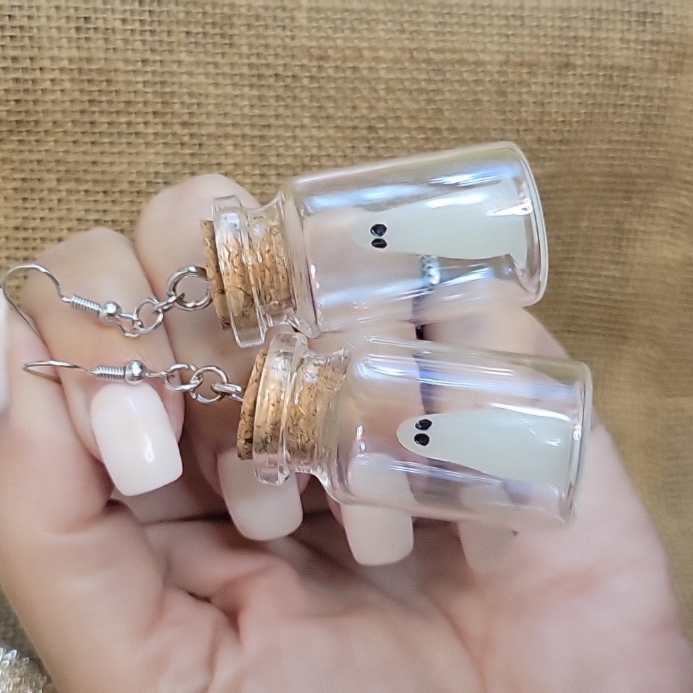 GLOW-IN-THE-DARK GHOST IN A BOTTLE EARRINGS - Picture 4 of 7